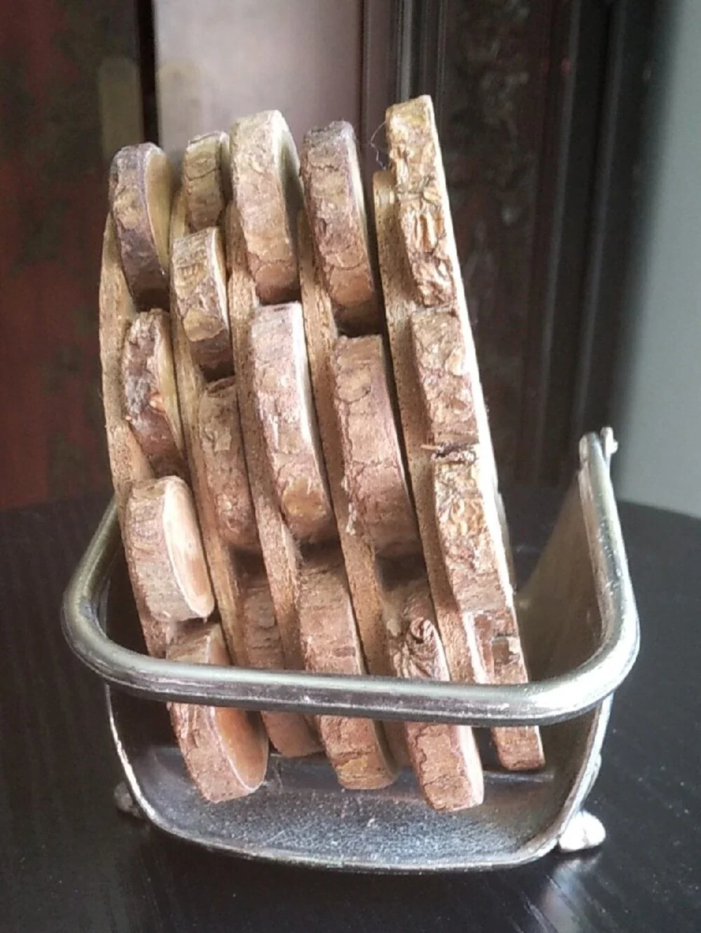 Vintage 80s House Of Lloyd Firewood Log Coaster Set and Gold Lion Head Holder